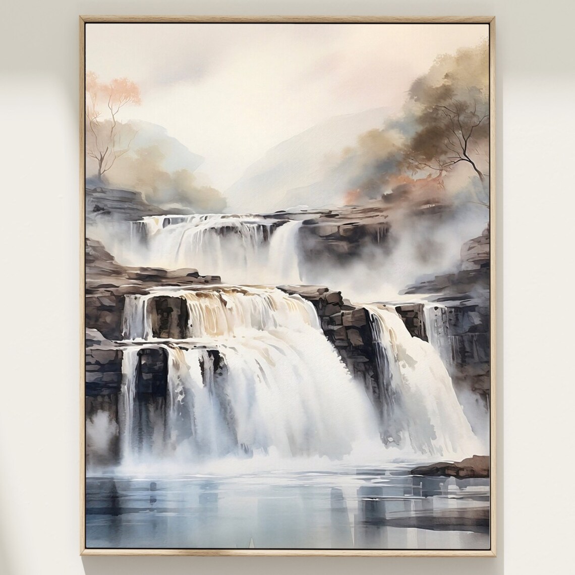 Cascading Waterfall Over Rocks Misty Watercolor Nature Art Poster