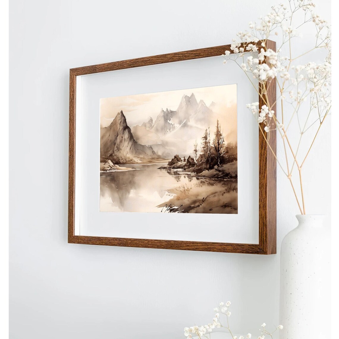 Minimalist Sepia Mountain Lake and Jagged Peaks Watercolor Poster - Image 4