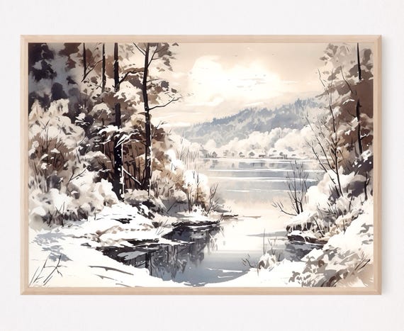Winter Forest Lake Mountain Landscape Watercolor Art Print