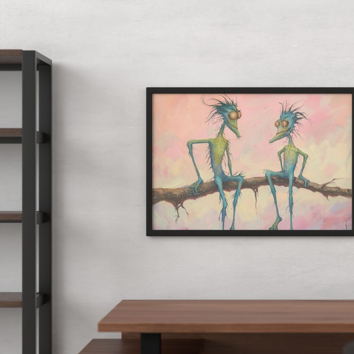 Lanky Whimsical Creatures Sitting on Branch Pastel Fantasy Poster - Image 5