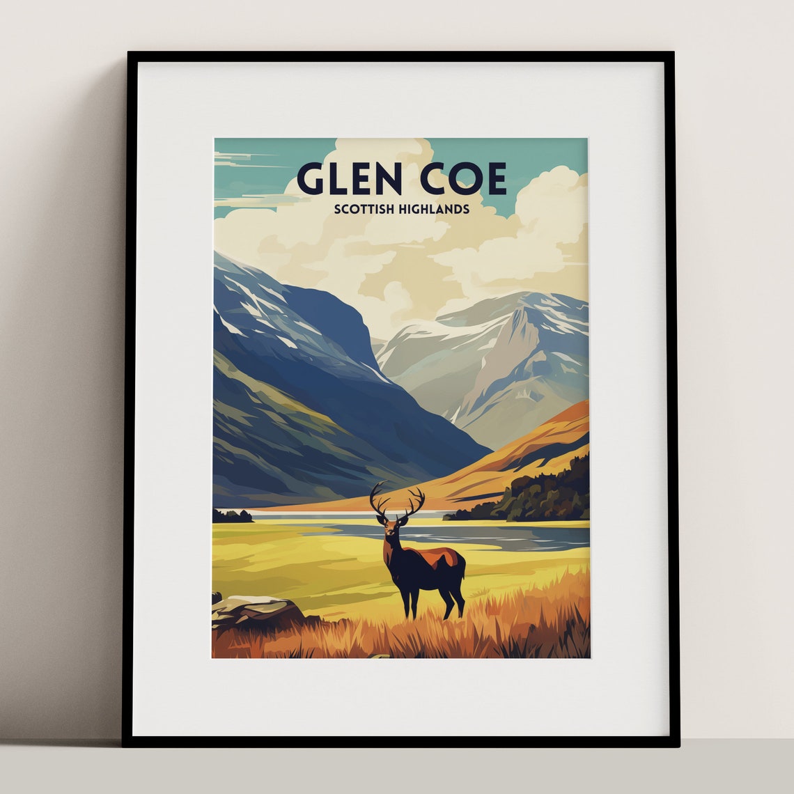 Glen Coe Scotland Stag Mountain Valley Vintage Travel Poster