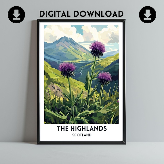 Scottish Highlands Thistle Mountains Purple Bloom Vintage Travel Poster