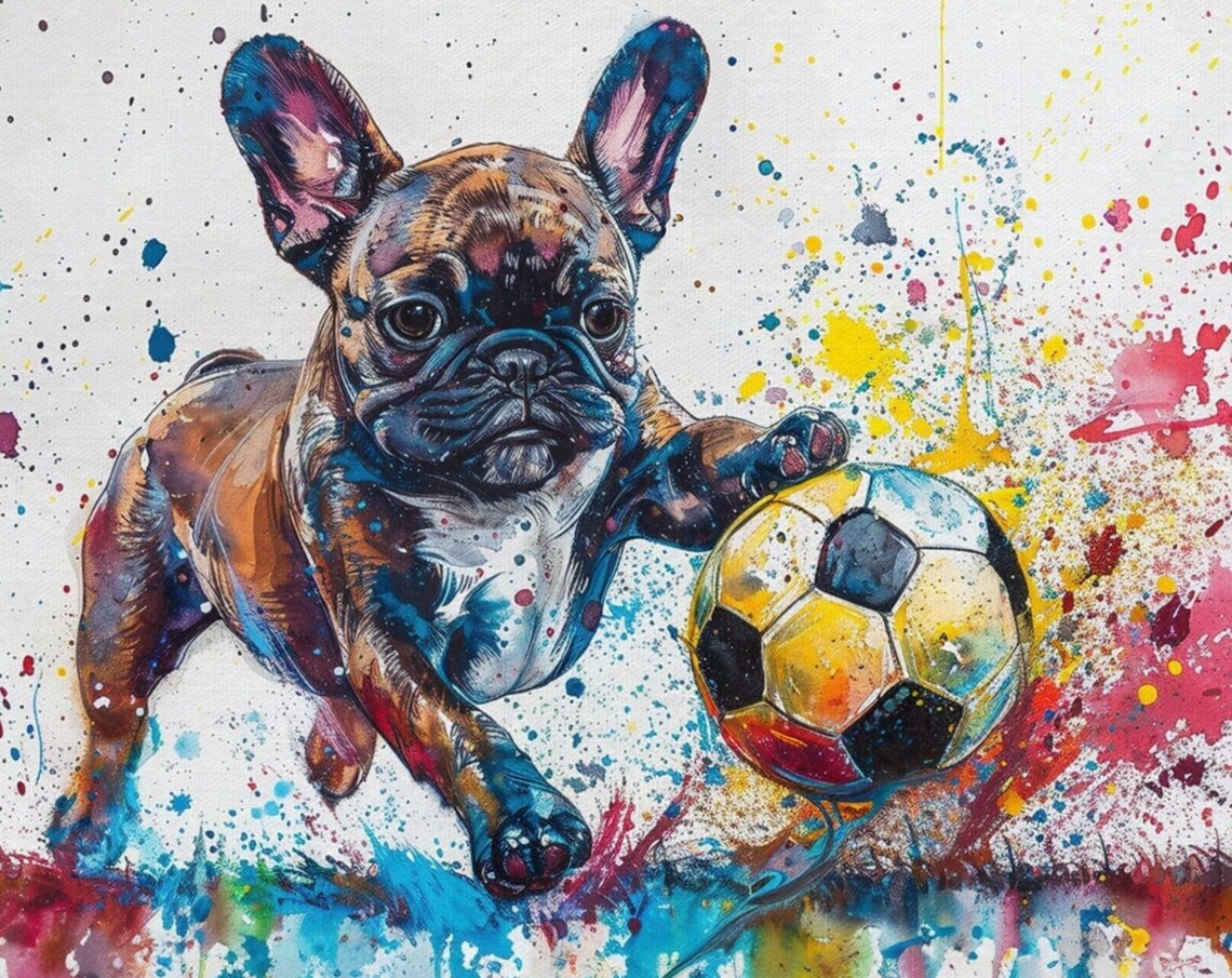 French Bulldog Puppy Playing Soccer Paint Splash Sports Dog Poster