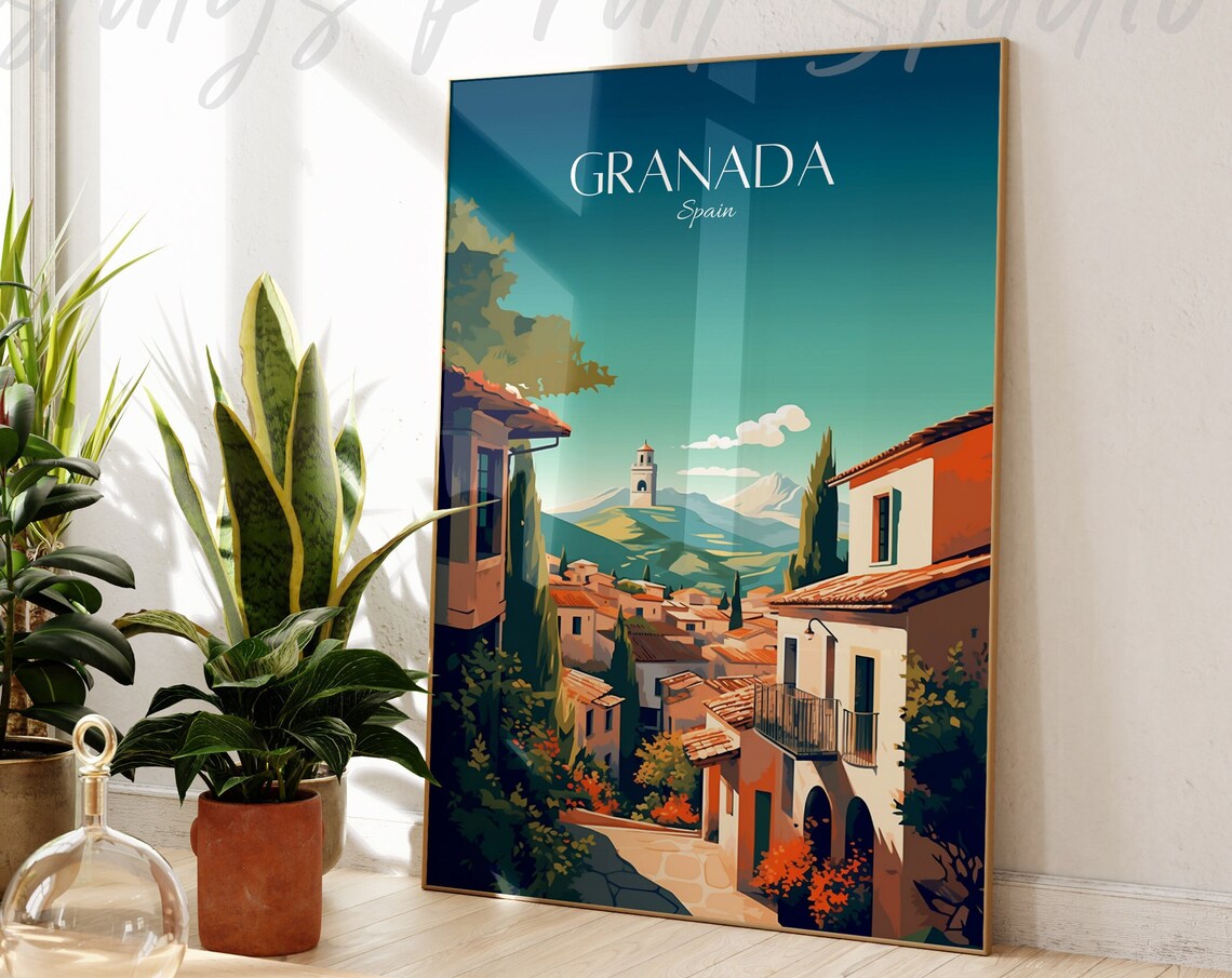 Granada Spain Vintage Travel Poster Old Town Street Mountain View Artwork