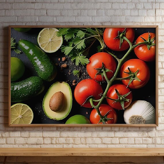 Fresh Guacamole Ingredients Avocado Tomato Lime Dark Kitchen Poster