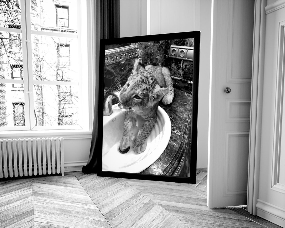 Lion Cub In Bathroom Sink Funny Black And White Animal Poster - Image 2