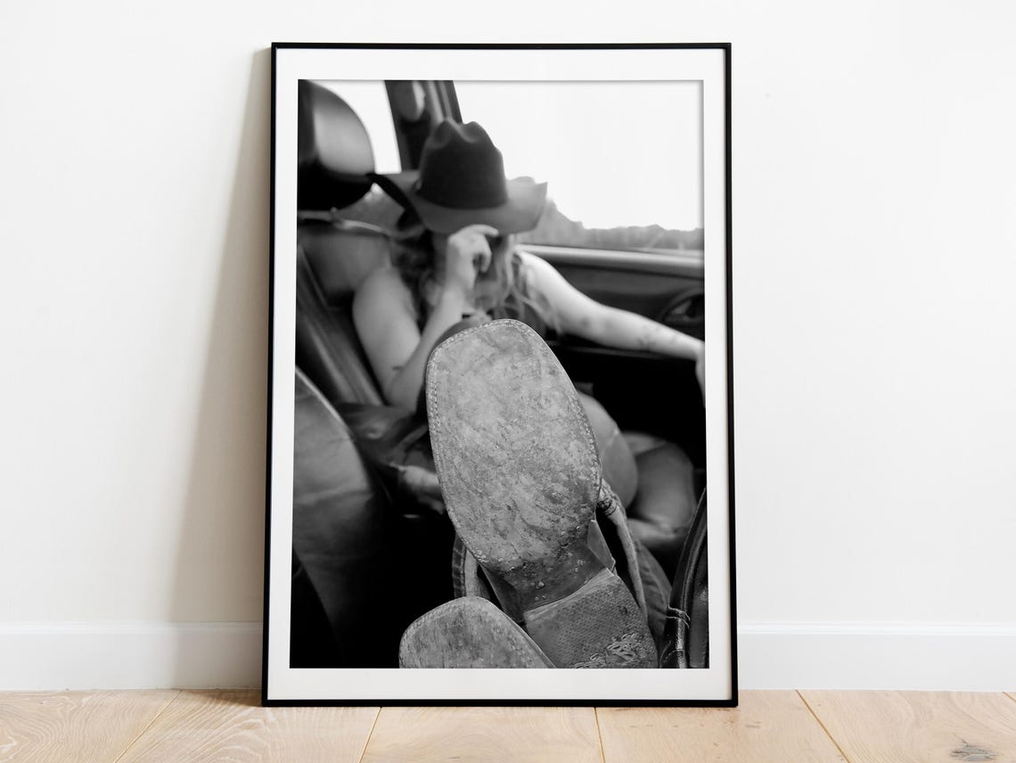 Cowgirl Boots In Car Prnt Western Wall Art Black And White Wild West Vintage Fashion Photography Hypebeast Room Decor - Image 3