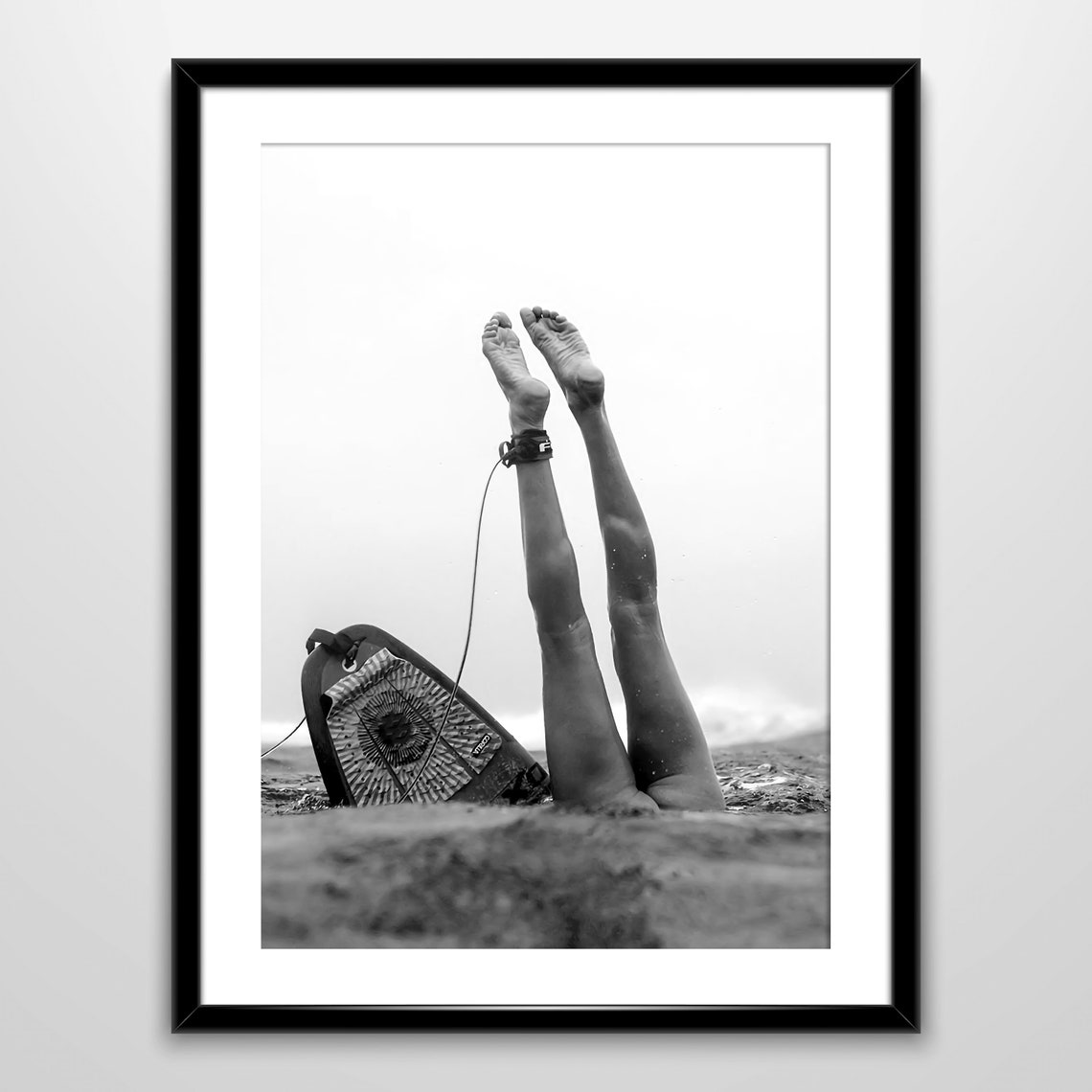Surfer Girl Wipeout Legs Up With Surfboard Black and White Poster - Image 4