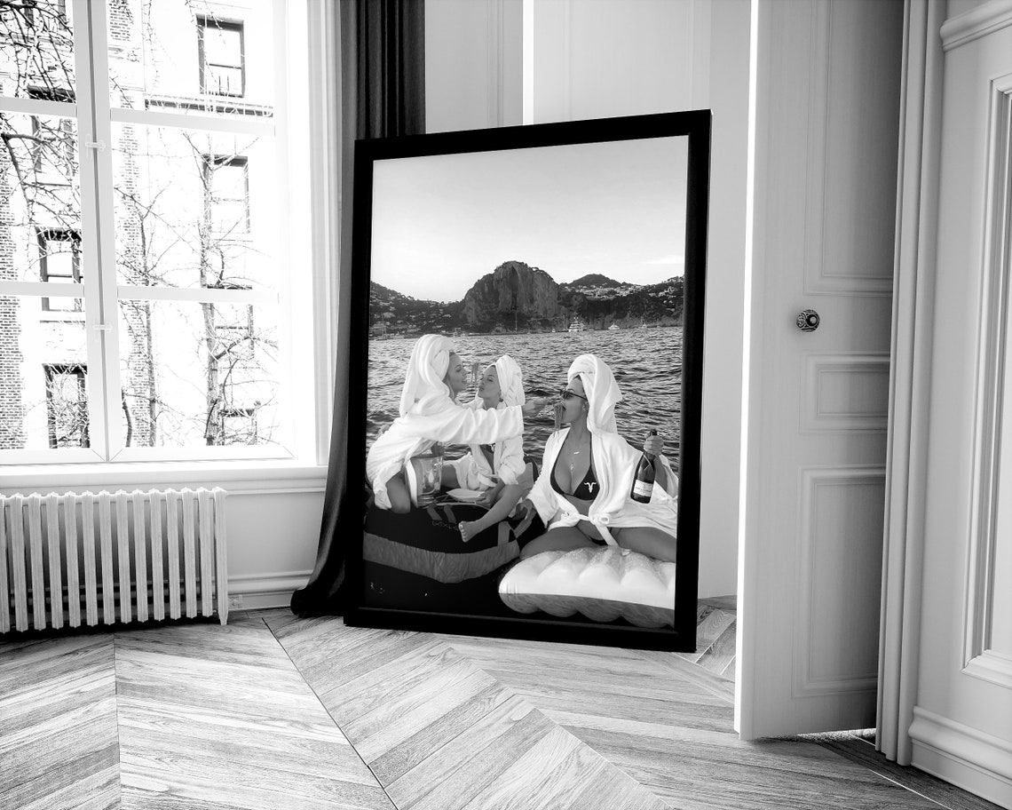 Three Girlfriends Champagne Boat Day Black And White Photo Poster - Image 2