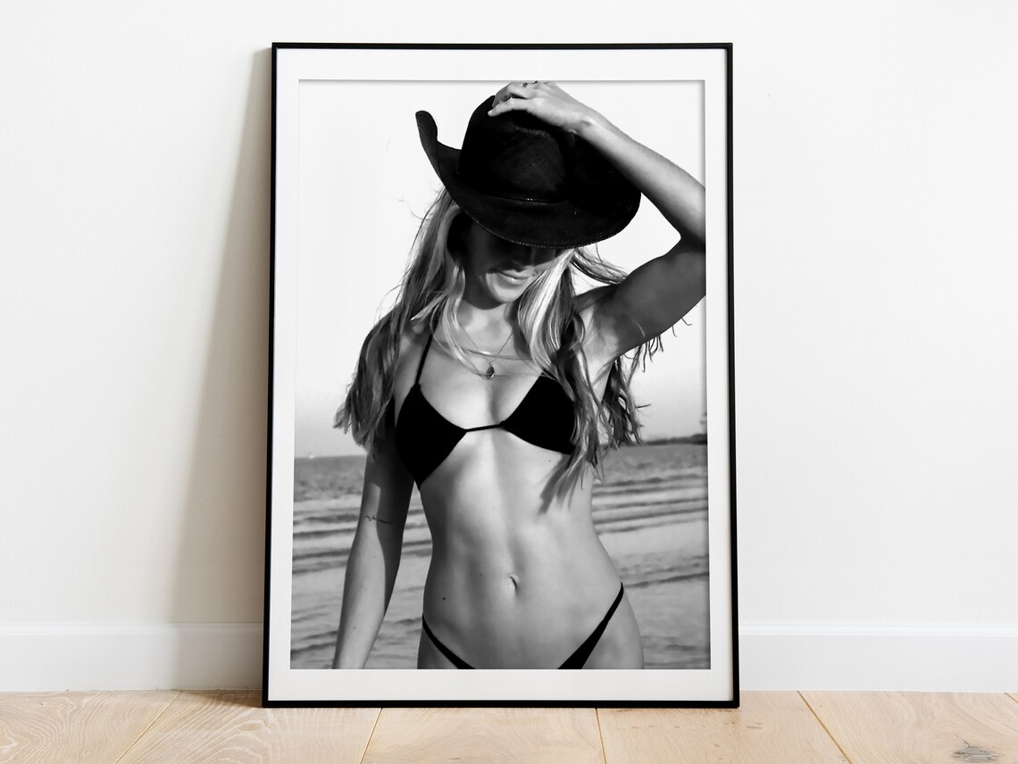 Coastal Cowgirl Bikini Beach Black And White Cowboy Hat Poster - Image 3