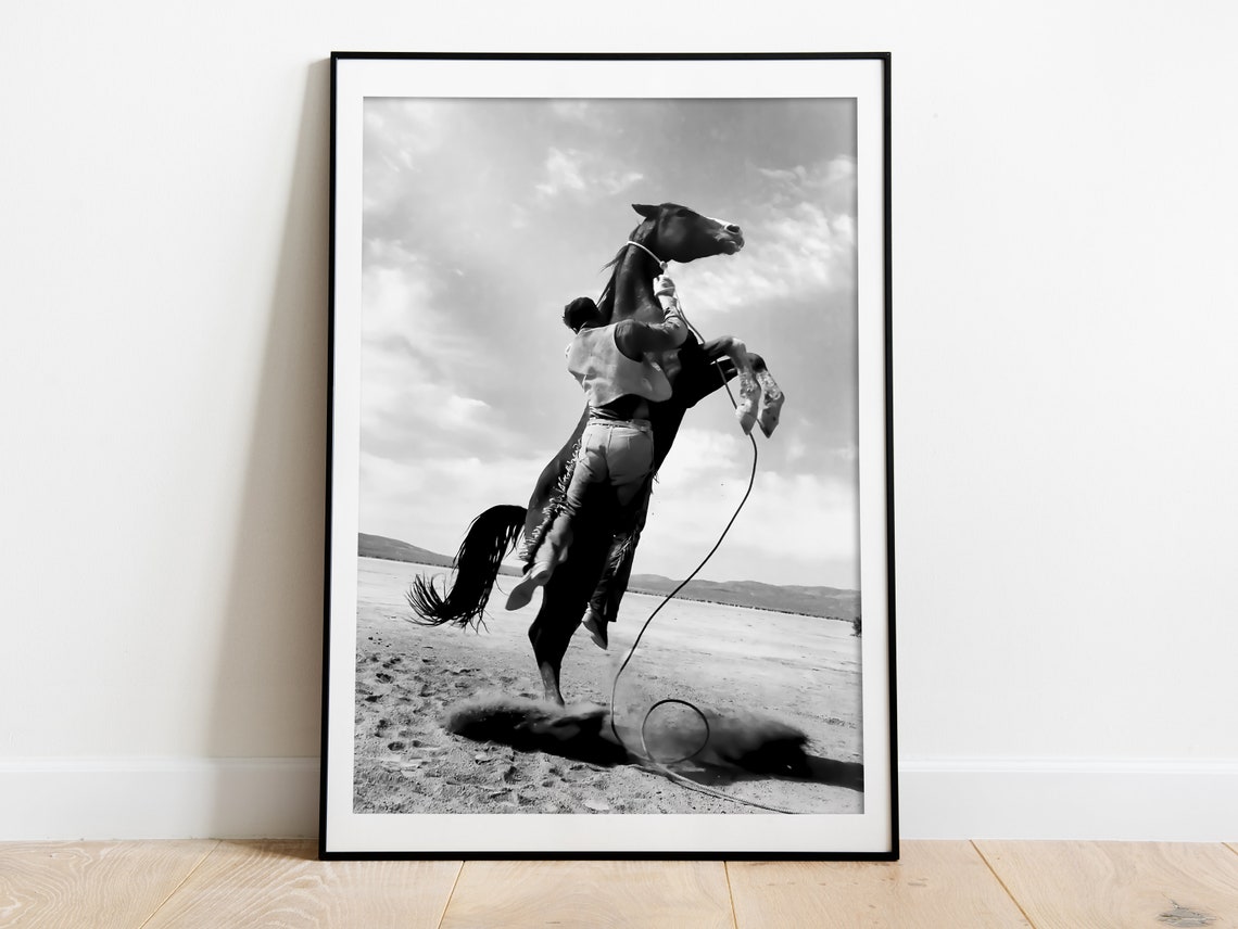 Cowboy Rearing Horse Rodeo Black White Western Action Poster - Image 3