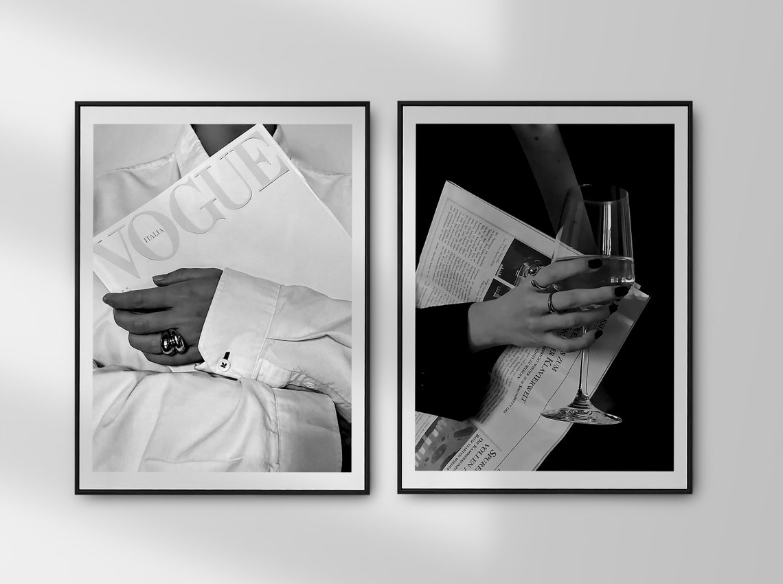 Wine Glass Newspaper Black White Luxury Evening Photo Poster - Image 3