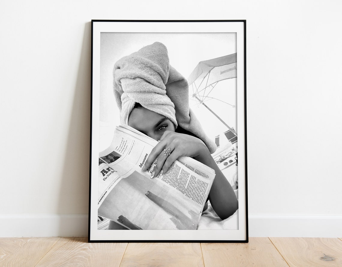 Woman Reading Newspaper Print Black And White Vintage Photo Summer Poster Fashion Wall Art Teen Girls Bathroom Decor Beach Photography - Image 3