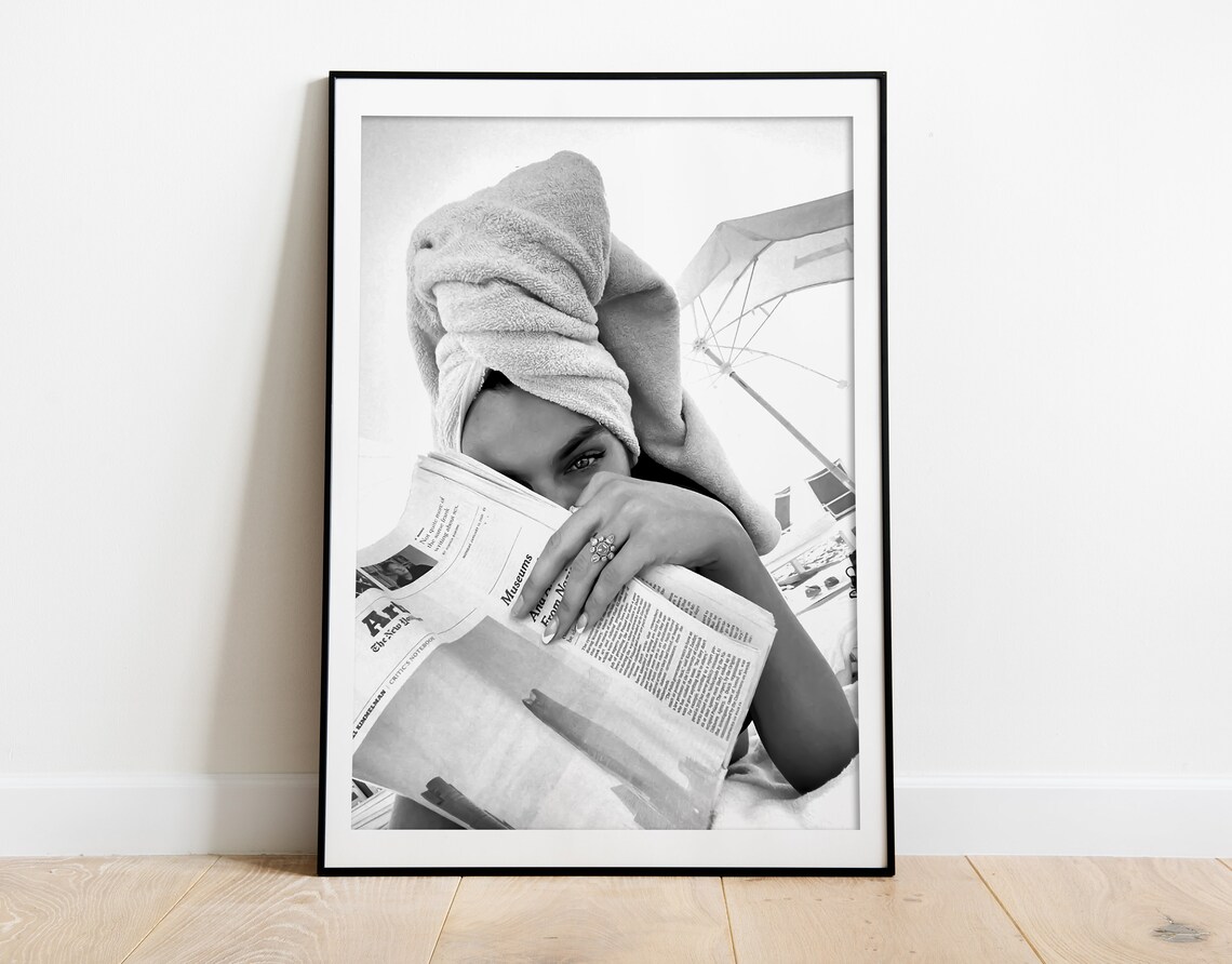 Woman Towel Turban Reading Newspaper On Boat Black White Poster - Image 3