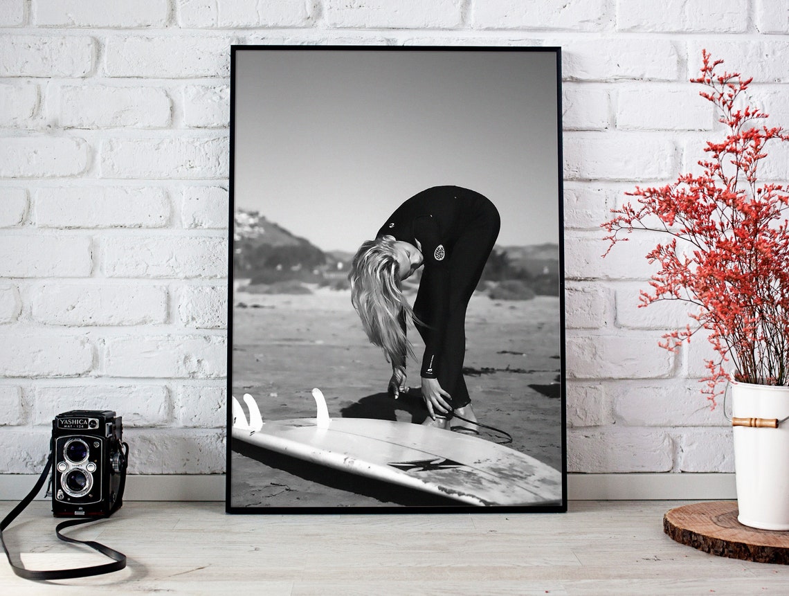 Woman Surfer Wetsuit With Surfboard Beach Black And White Poster - Image 2