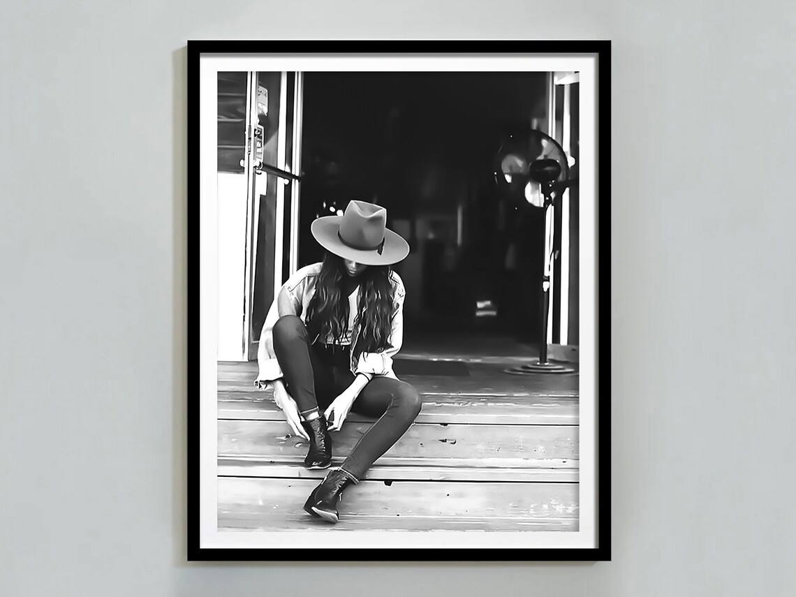 Cowgirl in Hat Sitting on Porch Steps Black and White Photo Poster