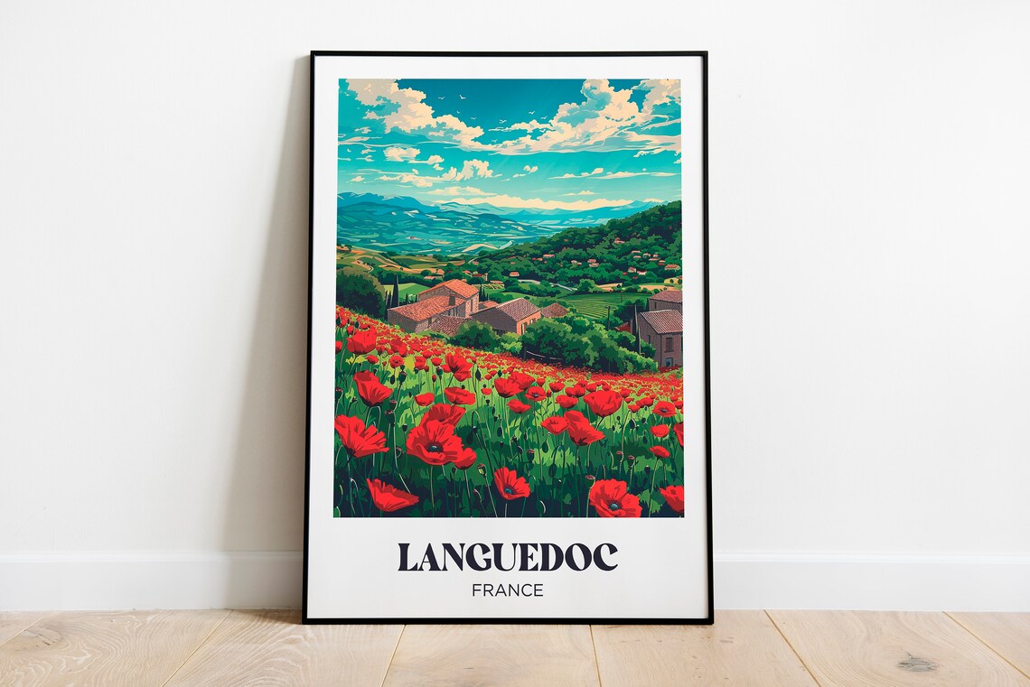Languedoc France Red Poppy Field Farmhouse Vintage Travel Poster