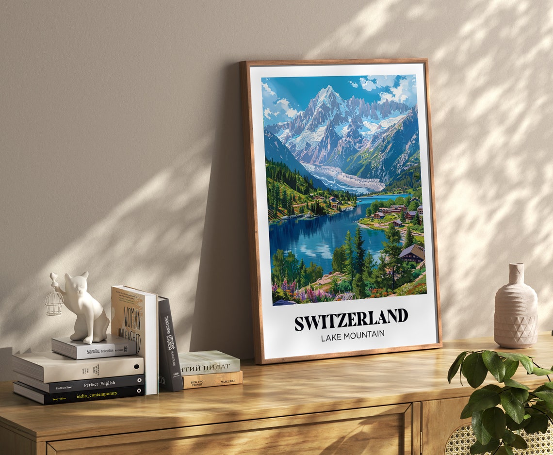 Switzerland Alpine Lake Glacier Peaks Village Scenery Travel Poster - Image 4