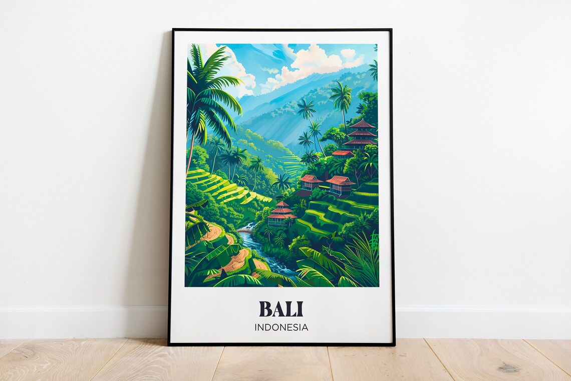 Bali Travel Poster, Flowers and Palm Trees