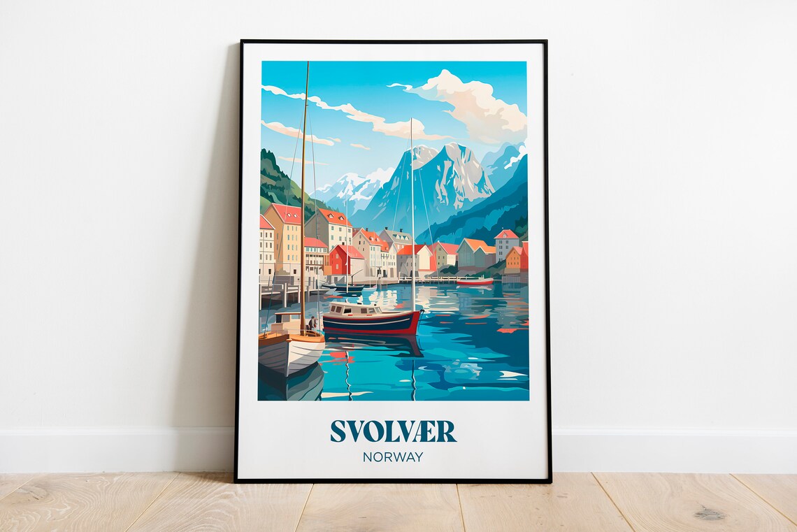 Svolvær Norway Harbor Fishing Boats Fjord Mountains Travel Poster
