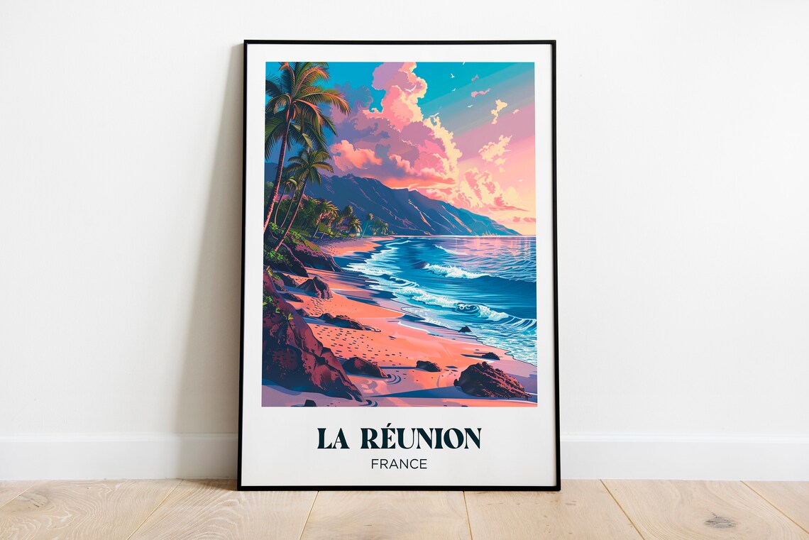 La Reunion Watercolor Travel Poster, Tropical Palm Art Print