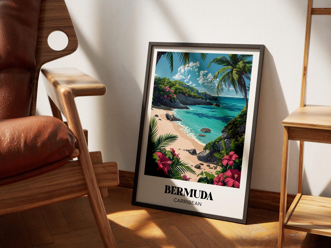 Bermuda Caribbean Pink Flower Cove Beach Retro Travel Poster - Image 2