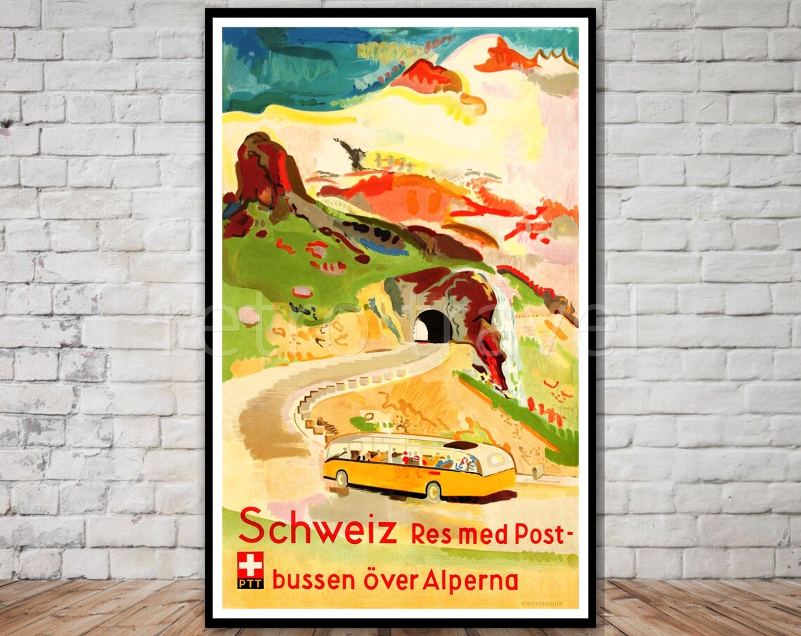 Switzerland Vintage Travel Poster, Alps Bus Route