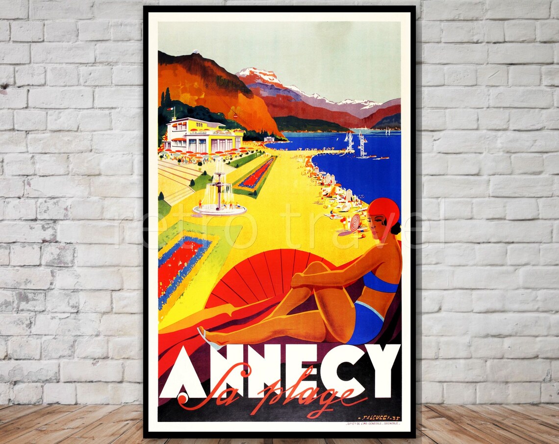 France Travel Poster Annecy La Plage Instant Art Deco Travel Poster Colorful Wall Art Retro Travel Print