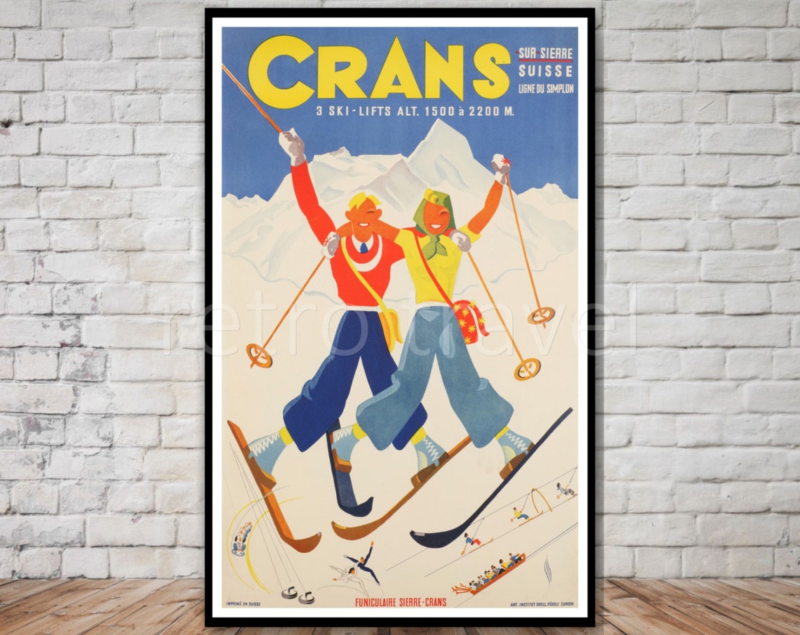 Crans Sur Sierre Suisse Vintage Ski Poster Happy Skiers Mountain