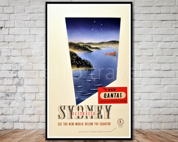 Sydney Australia Qantas Vintage Airline Poster Night Harbor View Art