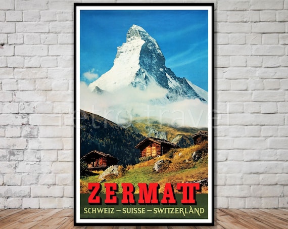 Zermatt Switzerland Travel Poster Instant Zermatt Vintage Zermtt Switzerland Poster Snow Covered Mountains