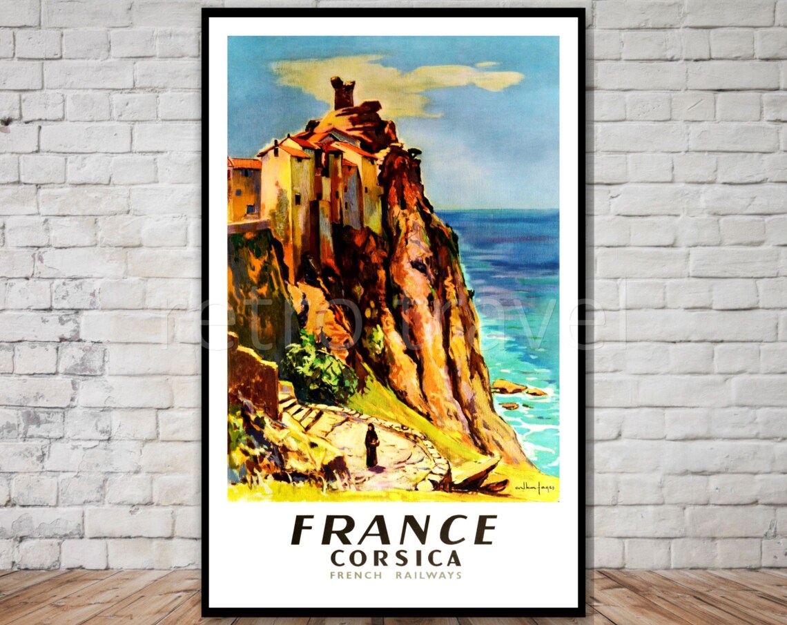 France Corsica Vintage Cliffside Village French Railways Poster