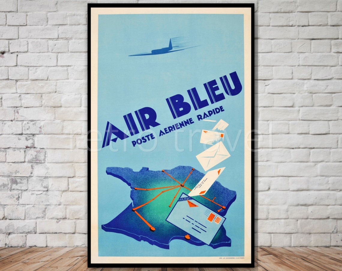 Air Bleu French Air Mail Poster Instant French Art Deco Poster Retro Travel Print Vintage French Poster Print