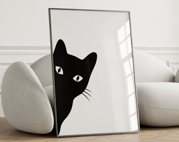 Peeking Black Cat Minimalist Silhouette Modern Cat Lover Poster
