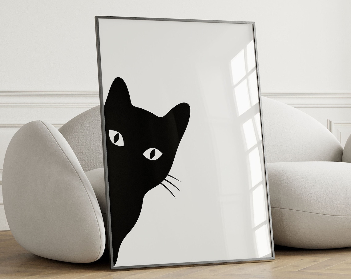 Peeking Black Cat Minimalist Silhouette Modern Cat Lover Poster