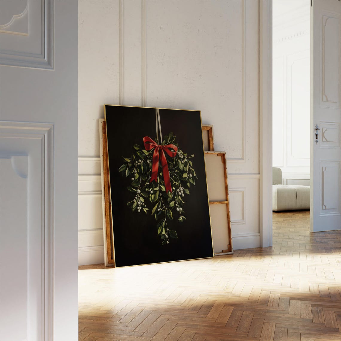 Vintage Moody Christmas Mistletoe With Red Bow Dark Botanical Poster - Image 5