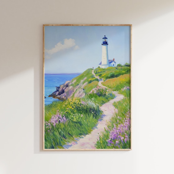 White Lighthouse Coastal Cliff Wildflower Path Blue Sea Travel Poster