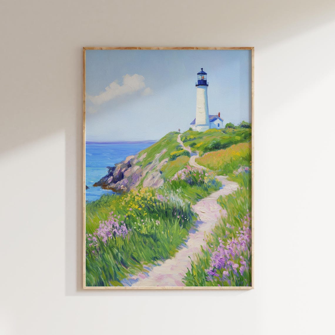 White Lighthouse Coastal Cliff Wildflower Path Blue Sea Travel Poster