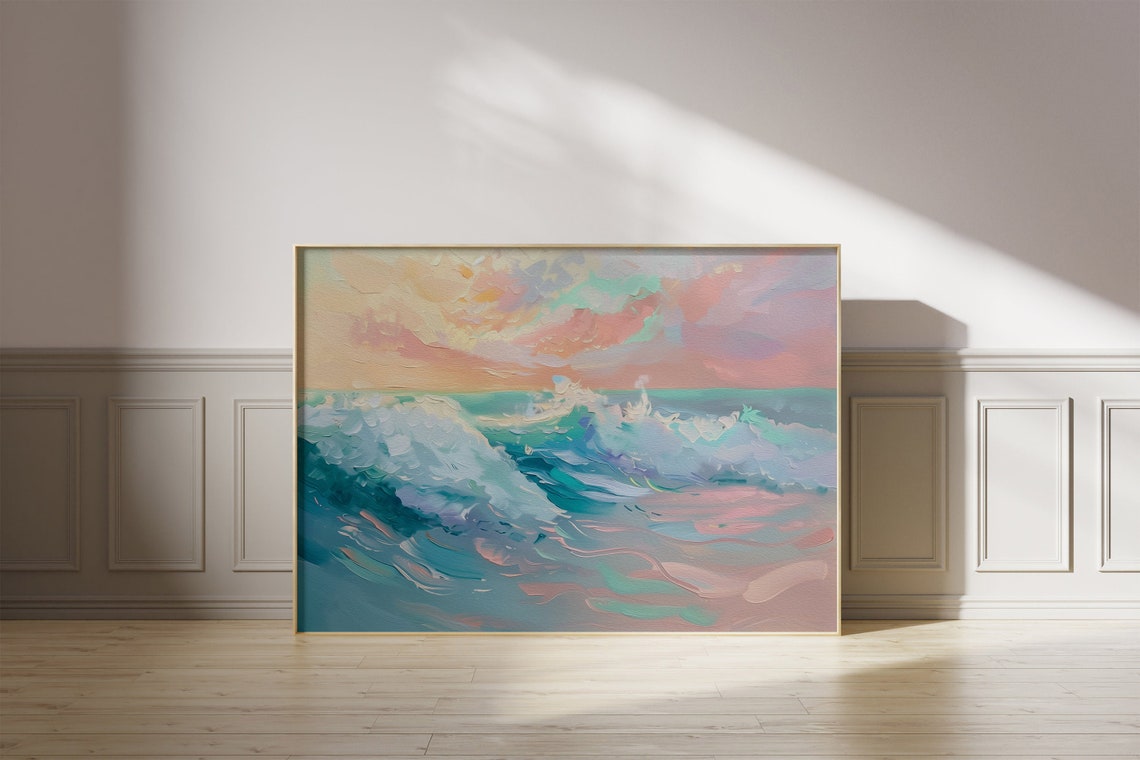 Colorful Abstract Ocean Waves Pastel Beach Painting Horizontal Poster - Image 5