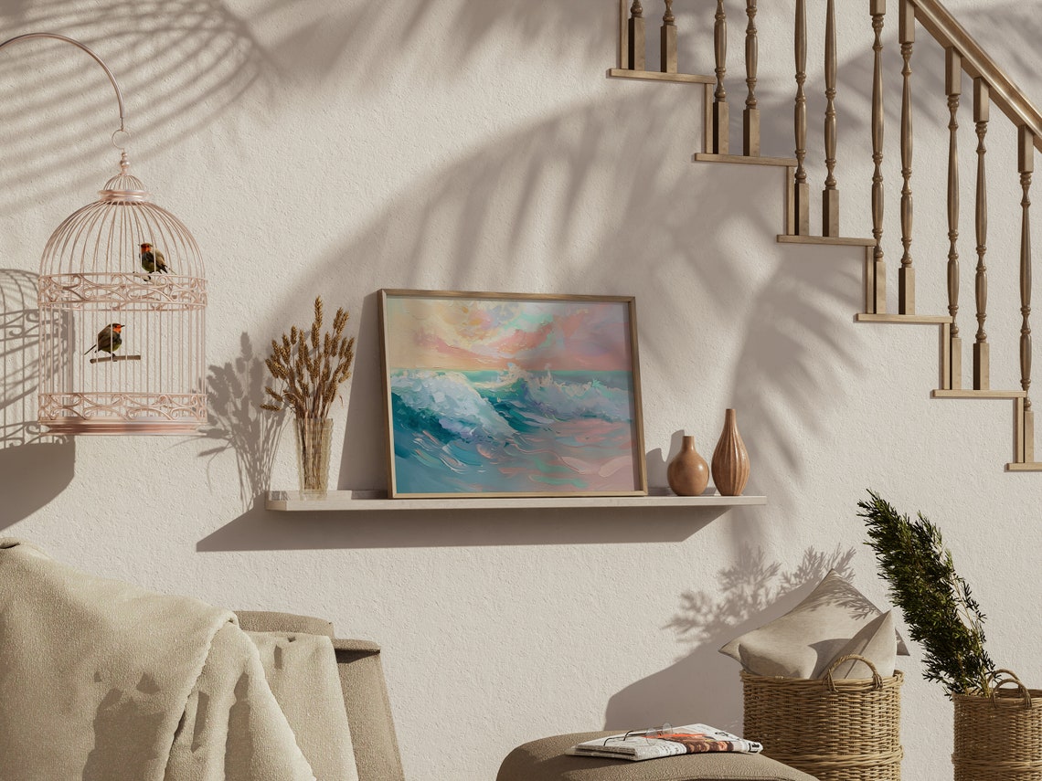 Colorful Abstract Ocean Waves Pastel Beach Painting Horizontal Poster - Image 2