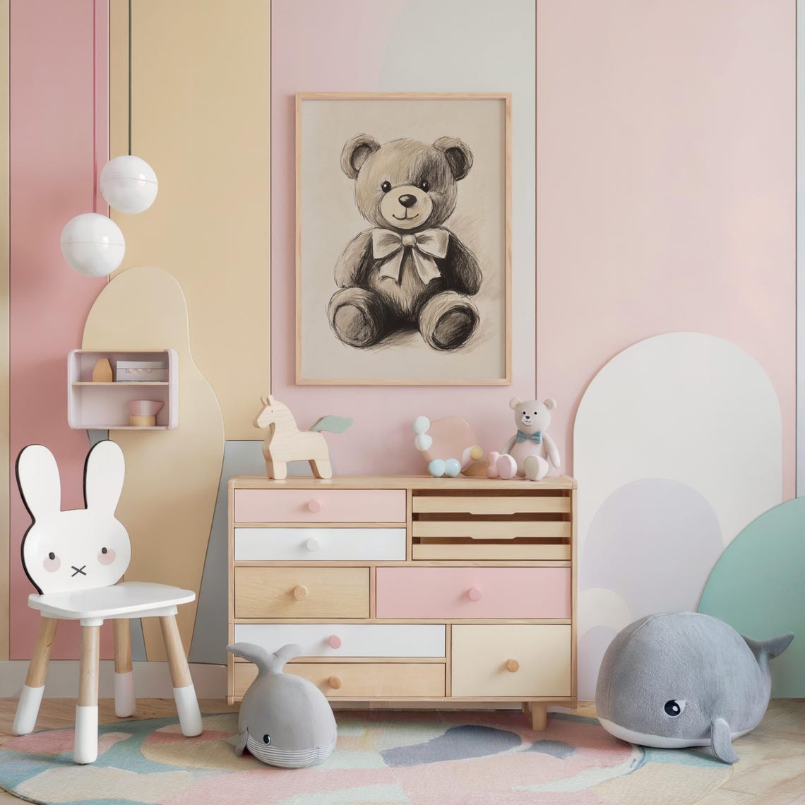 Nursery Teddy Bear With Bow Beige Sketch Kids Room Cuddly Toy Poster - Image 4
