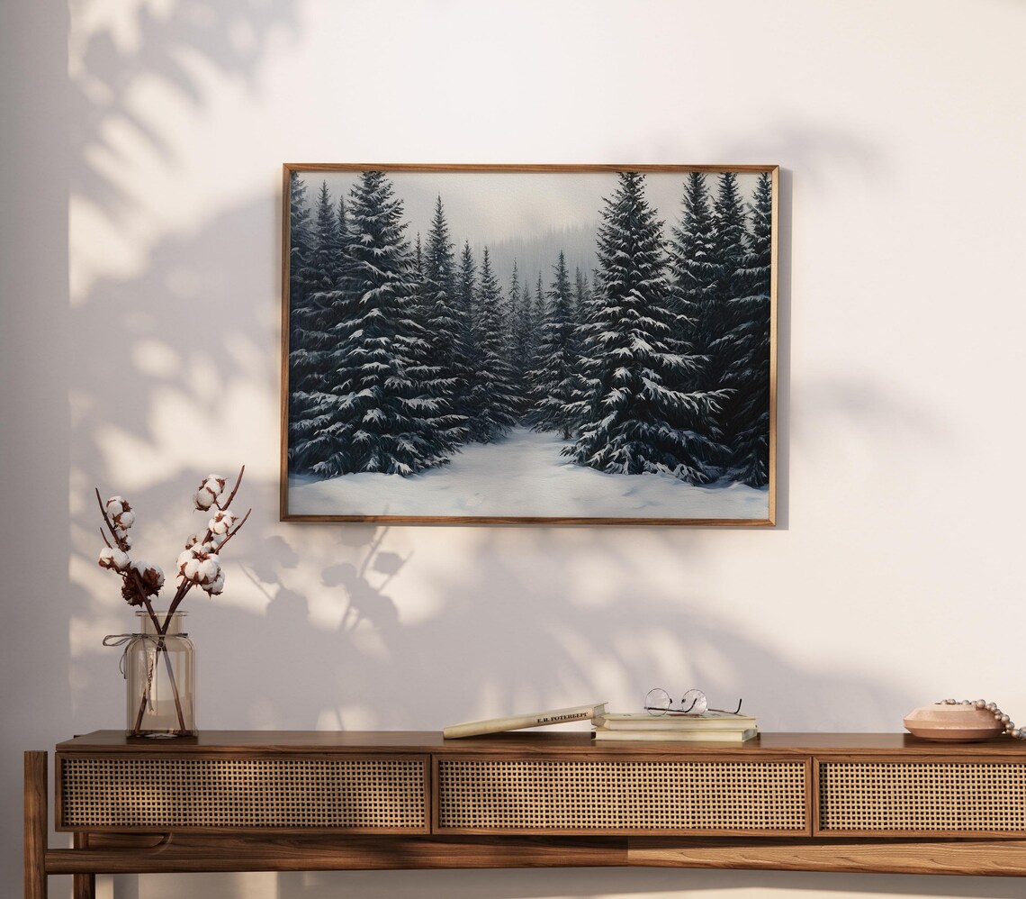 Winter Pine Forest Rustic Snowy Landscape Painting Dark Farmhouse Poster - Image 5