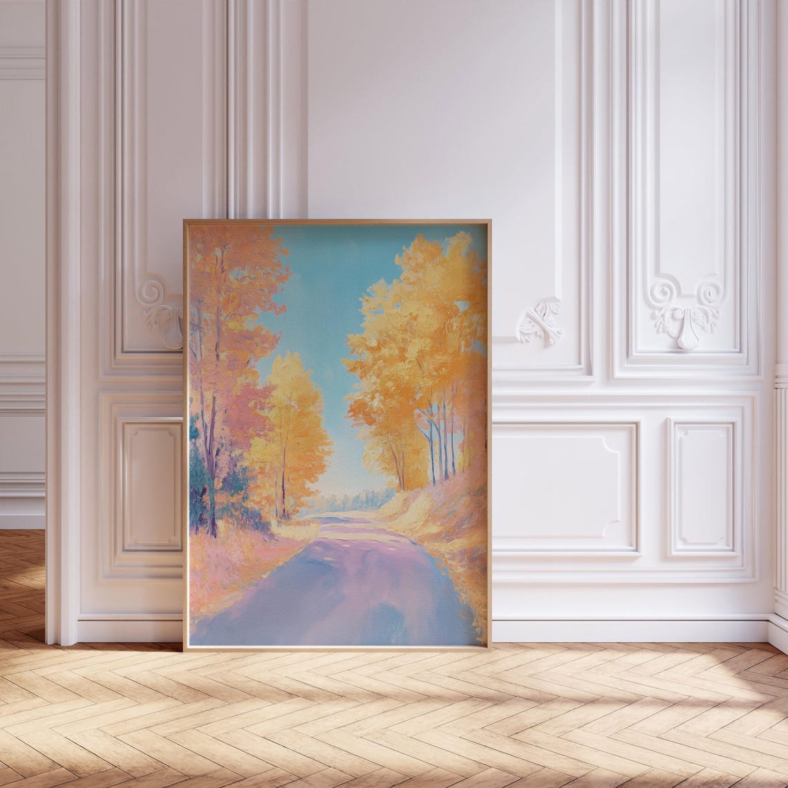 Sunlit Autumn Road Lined with Golden Trees Under Blue Sky Poster - Image 2