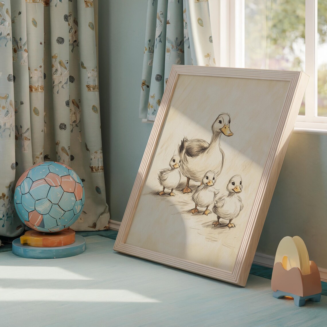 Nursery Mother Duck With Ducklings Beige Sketch Kids Room Animal Poster - Image 3
