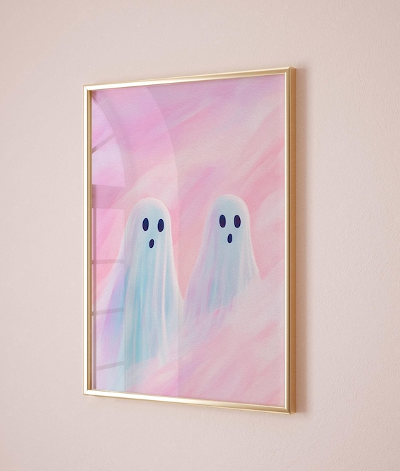 Soft Pastel Pink Ghosts Pair Cute Halloween Watercolor Art Print
