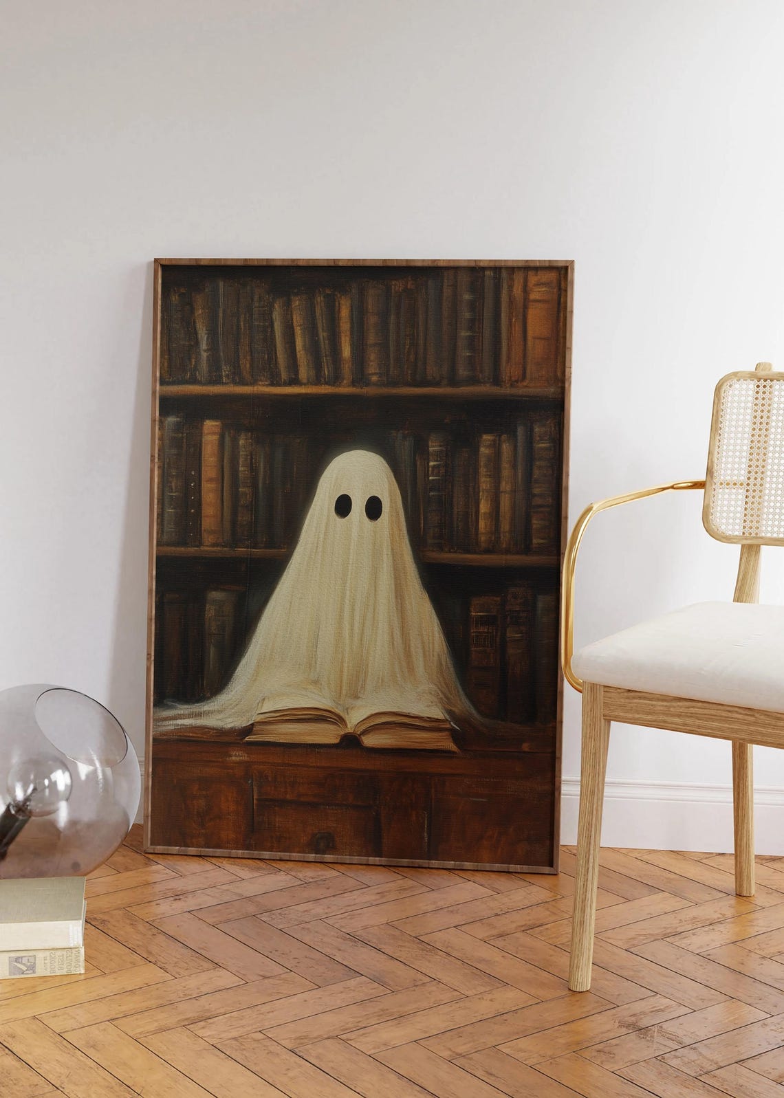 Cute Ghost Reading a Book in a Dark Library Painting Wall Art - Image 3