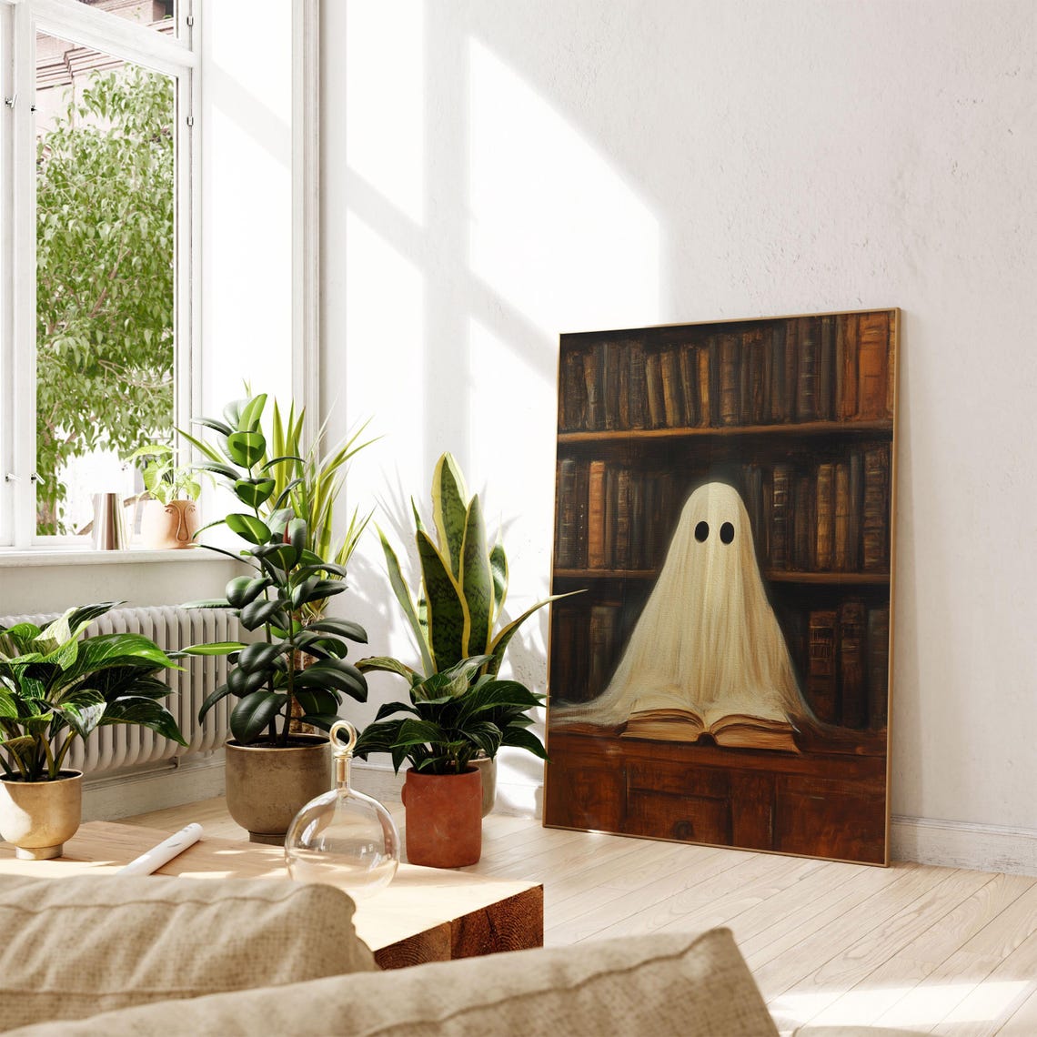 Cute Ghost Reading a Book in a Dark Library Painting Wall Art - Image 2