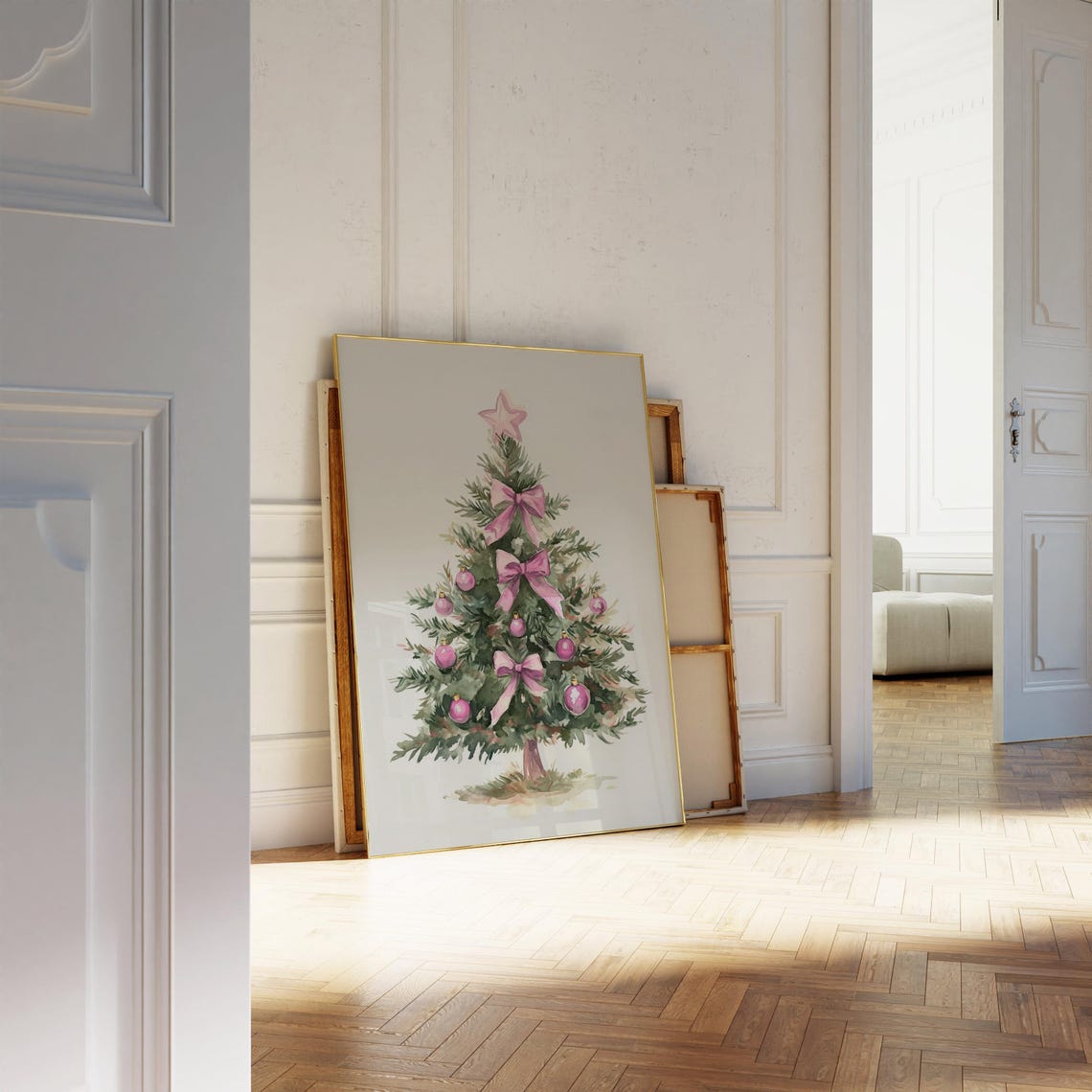 Pink Coquette Christmas Tree with Bows and Ornaments Painting Poster - Image 3