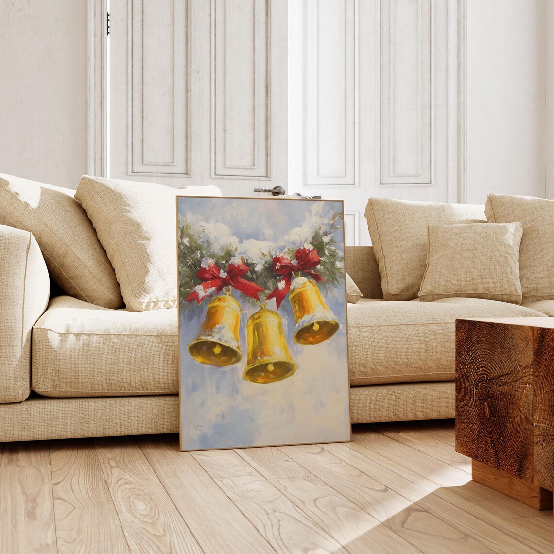 Golden Christmas Bells with Red Bows in Snowy Branches Painting Poster - Image 3