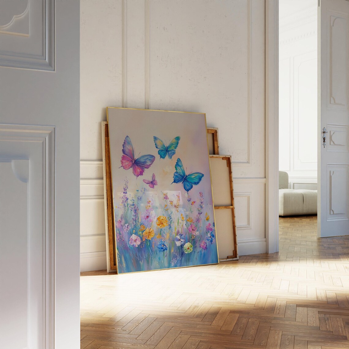 Colorful Butterflies Flying Over a Wildflower Meadow Painting Poster - Image 3